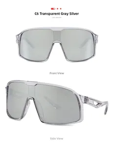 Detail view of transparent grey shield sunglasses with silver mirrored lenses and hollow legs