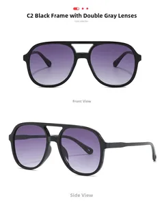 Front and side view of black double bridge oversized sunglasses with grey gradient lenses