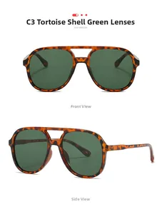 Detail view of tortoiseshell aviator sunglasses with green lenses and double-bridge design