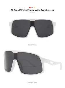 Front and side views of large frame sand white matte sunglasses with grey lenses