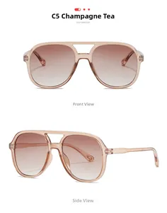Detailed macro view of champagne tea aviator sunglasses with classic double-bridge design