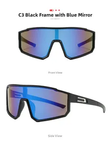 Détails des lunettes de soleil de sport noir mat avec verres miroir bleu mercure