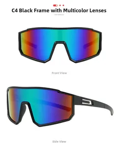 Détail de lunettes de cyclisme noir mat avec verres miroir arc-en-ciel et branches ajourées