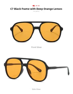 Detail view of double bridge pilot sunglasses with black frame and orange lenses