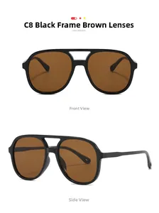 Detail view of aviator style C8 black frame sunglasses with tea lenses and double bridge