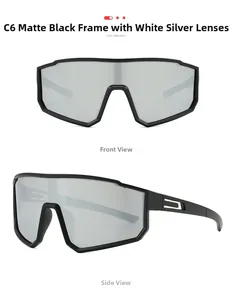 Vues de face et de côté de lunettes de soleil de sport noir mat avec verres miroirs argent