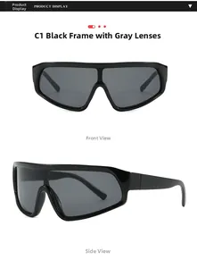 Front and side views of black oversized shield sunglasses with grey lenses for women