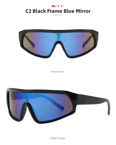 Detail view of sport oversized sunglasses with black frame and blue mirrored lenses