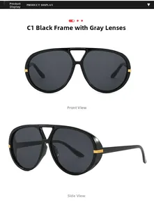 Detail of oversized black pilot sunglasses featuring gold metal accents on wide temples
