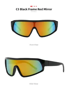 Front and side view of black frame sports sunglasses with red mercury gradient lenses