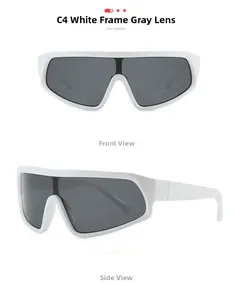 Detail view of white frame sunglasses with grey lenses and wide temples in C4 style