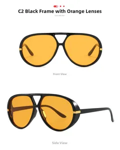 Detail view of aviator sunglasses with black frame and vibrant orange lenses