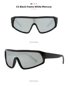 Front and side views of oversized shield sunglasses with silver mirrored lenses