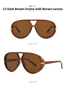 Detail view of dark brown pilot sunglasses with double bridge and gold metal accents