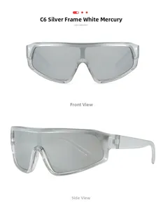 Detail of silver frame sunglasses with reflective mirrored lenses in a futuristic style