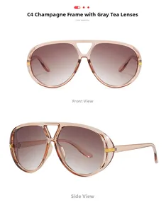 Detail view of champagne pilot sunglasses C4 with gradient grey-brown lenses and gold accents