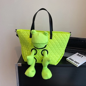 Women Large Quilted Nylon Tote Bag With Plush Animal Doll Decoration Rhombus Pattern Shoulder Crossbody Handbag Casual
