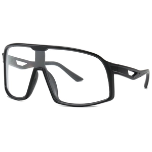 Oversized black frame sports sunglasses with hollow temples and clear wrap lenses