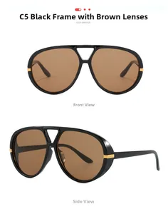 Close-up of black frame aviator sunglasses with tea lenses and metallic hinge detail