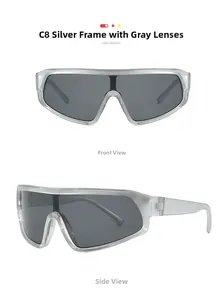 Front and side view of silver oversized shield sunglasses with integrated grey lenses