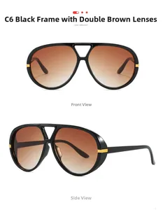 Front and side view of retro black aviator sunglasses with gold hardware and gradient lenses