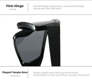 Close-up of smooth metal hinges and stylish temples on oversized black sunglasses