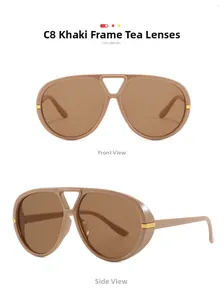 Detail view of khaki aviator sunglasses with brown lenses and a golden double bridge