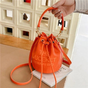 Women Bucket Bag PU Leather Lychee Grain Drawstring Handbag Large Capacity Versatile Shoulder Bag Solid Color