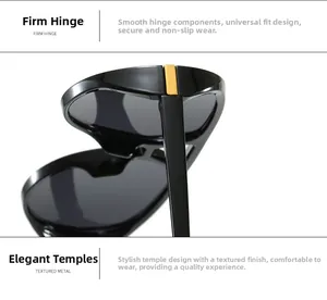 Detail of reinforced golden metal hinges and black acetate temples on sunglasses