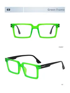 Vue avant et latérale de grandes lunettes carrées vert transparent avec des branches noires