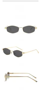 Detail view of gold geometric hexagonal sunglasses with gradient black lenses in three angles