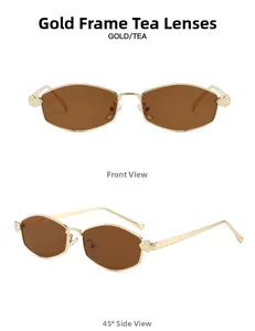 Front and 45-degree side views of polygon metal sunglasses with gold frames and tea lenses