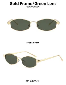 Detailed views of gold polygon metal sunglasses with dark green lenses in front and side angles