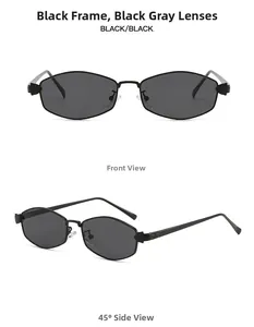 Detail view of black metal hexagonal sunglasses with dark grey lenses in dual angles