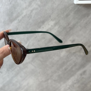 Détail de lunettes de soleil rétro montrant la monture écaillée et les branches vert translucide