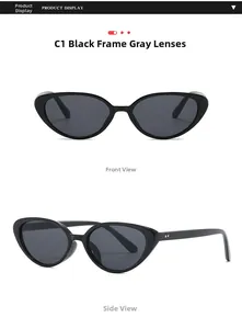 Vue de face et de côté de lunettes de soleil œil-de-chat noires avec verres gris C1