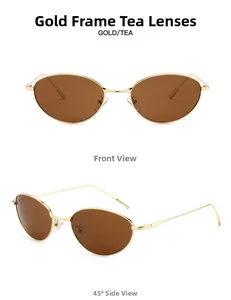 Vue avant et latérale de lunettes de soleil Y2K rétro avec monture dorée et verres thé