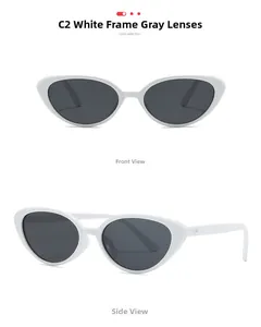 Détail de lunettes de soleil œil de chat ovales blanches avec verres gris, vues de face et côté