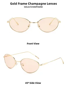 Vue avant et latérale de la monture oeil-de-chat dorée avec verres champagne