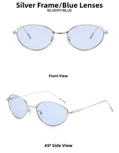 Vues de face et à 45 degrés des lunettes de soleil ovales en métal argenté à verres bleus