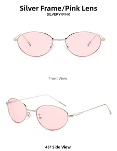Vues détaillées de face et de profil de lunettes ovales en métal argenté et verres roses