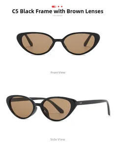 Vues de face et de côté de lunettes œil de chat noires avec des verres marron