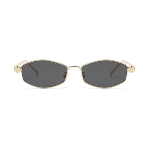 Golden metal diamond frame sunglasses with panther head detail and dark grey lenses