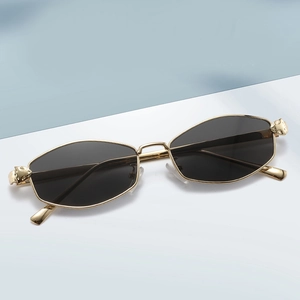 Golden leopard metal sunglasses with irregular polygonal frame and dark lenses