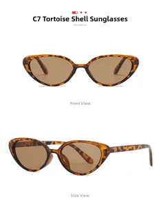 Vue de face et de côté des lunettes de soleil œil de chat écaille et verres bruns