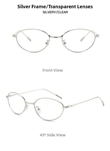 Vues détaillées de face et de côté de lunettes ovales en métal argenté avec verres
