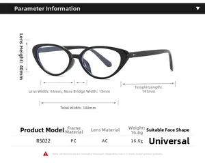 Detailed size chart for retro cat eye blue light glasses with PC frame and AC lens dimensions