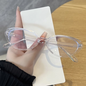 Detail of transparent cat-eye glasses frame with metal rivets and hand-held view