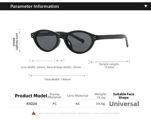 Detailed size specifications of retro oval sunglasses with frame dimensions in millimeters