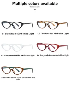 Detailed grid showing vintage cat-eye anti-blue light glasses in five color variations